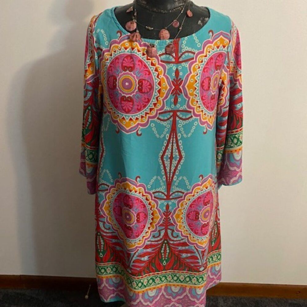 Cezanne Blue/Pink/Orange Geometric Aztec print bell sleeve dress, size L